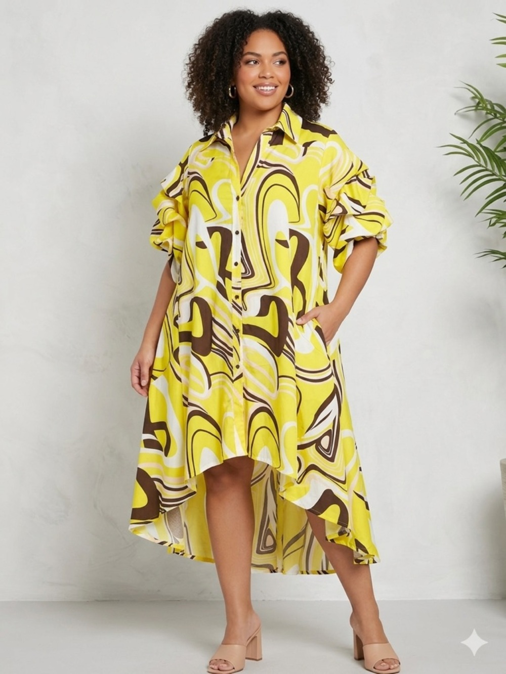 NWT Step In Style Abstract Swirl High-Low Shirt Dress Ruffle Statement Sleeve 1X